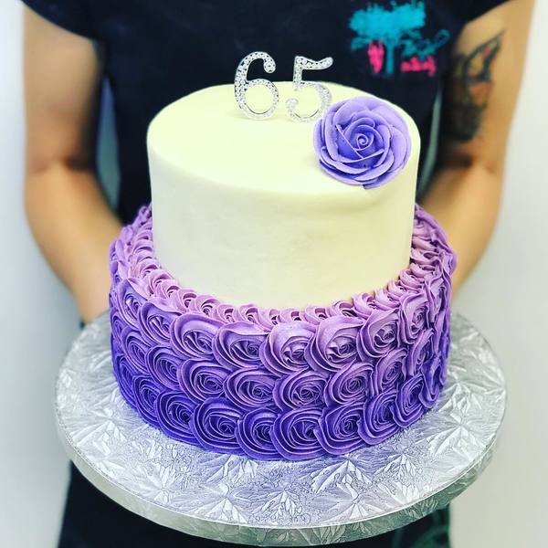 Two tier Purple Ombre Roses with Smooth Cream Top