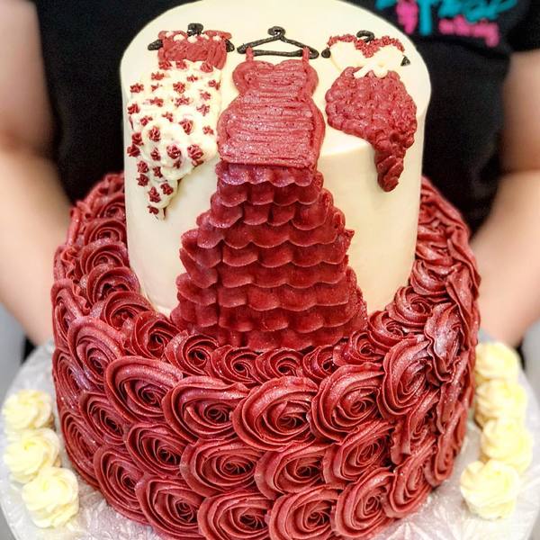 Two Tier Red Rose Dress Cake