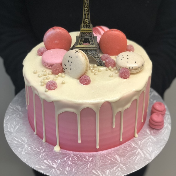 Pink OMBRE CAKE WITH WHITE CHOCOLATE DRIP AND EIFFEL TOWER