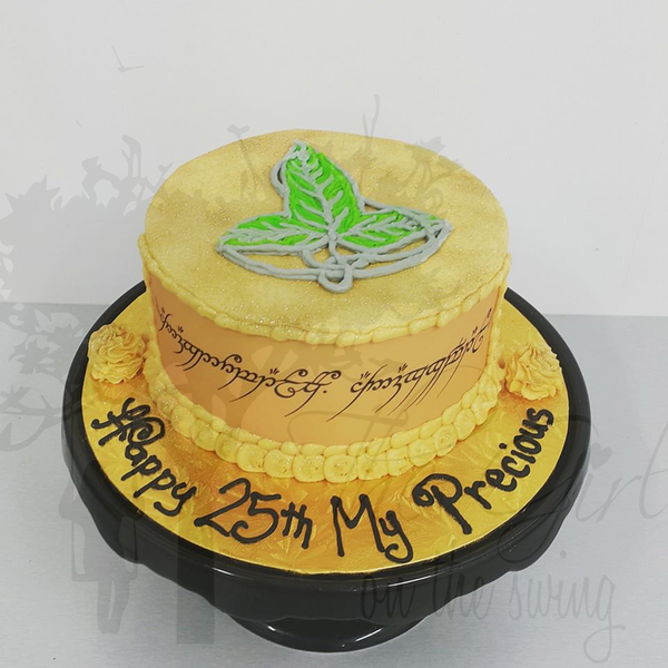 Smooth Gold Cake with LOTR Ring Inscription