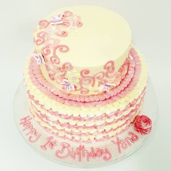 Two Tier Pink and Cream Frills with Pink Swirls