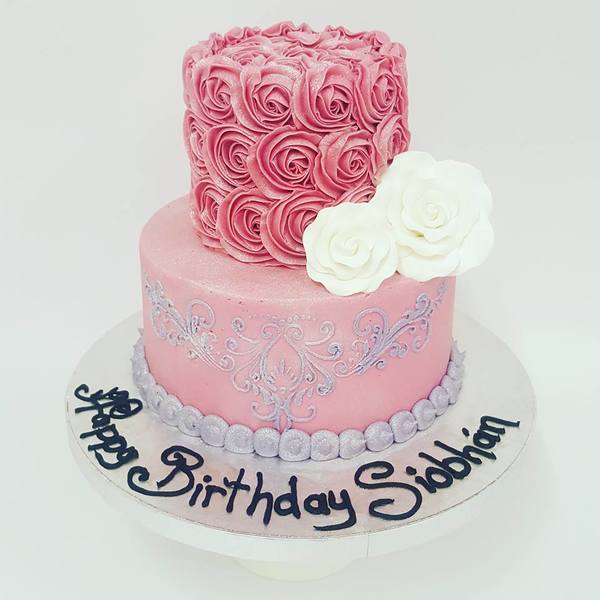 Two Tier Smooth Pink with Purple Stencil and roses