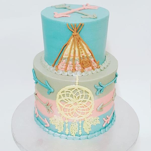 Two Tier Three Colour Teepee Cake with piped Dream Catcher