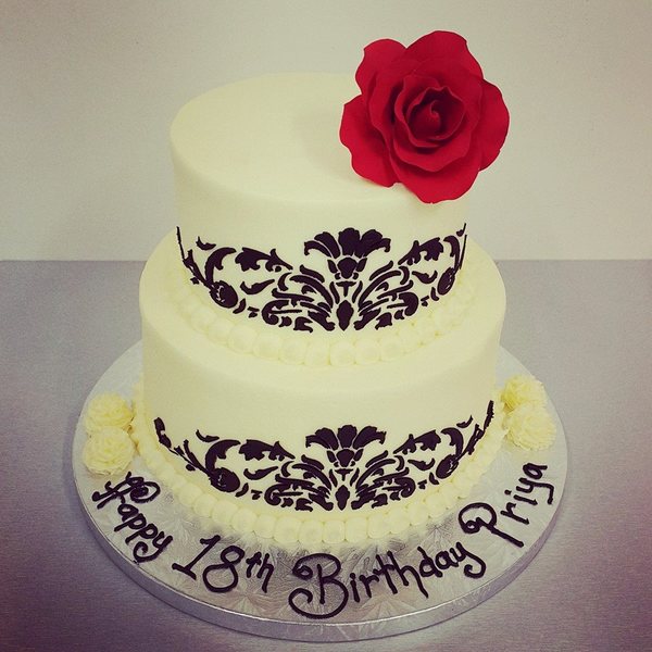Two Tier Smooth Cream Cake with Black Stencil