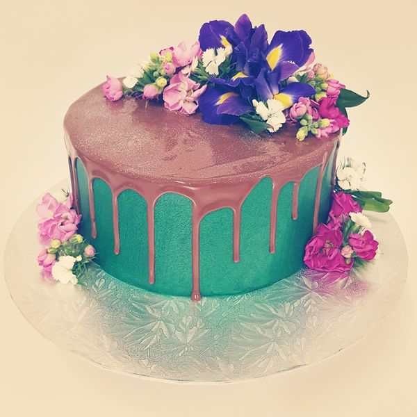 Green Drip Cake with Flowers