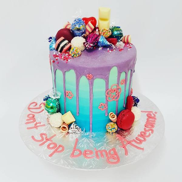 Smooth Blue Ombre Cake with Purple Drip and Toppings