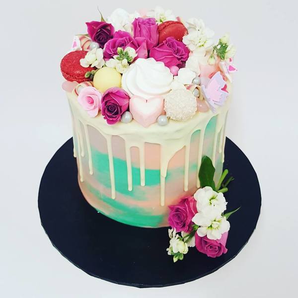 Smooth Teal and Pink Marble with White Chocolate Drip and Toppings