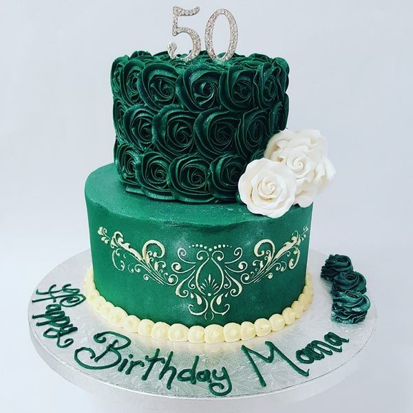 Two Tier Forest Green Roses and Stencil