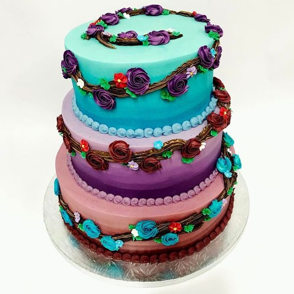 Three Tier Blue Purple and Burgundy Wedding Cake