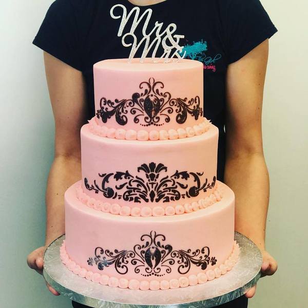 Three Tier Pink and Chocolate Stencil Wedding Cake