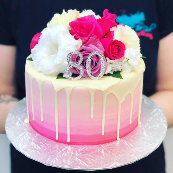 Smooth Ombre Pink with White Choc Drip & Pink + White Flowers