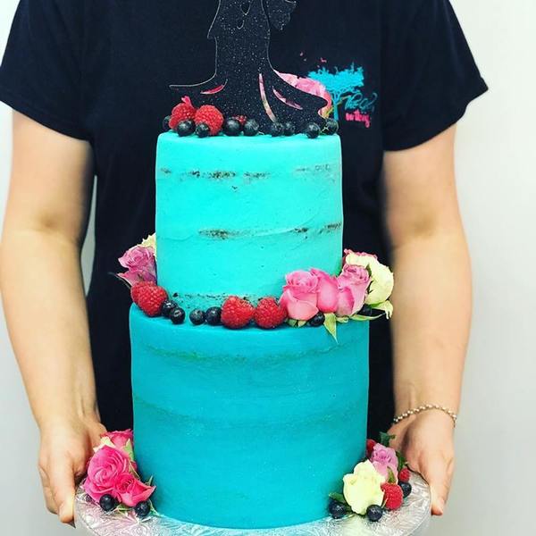 Smooth Ombre Blue Two Tier Cake with Fresh Fruit and Flowers