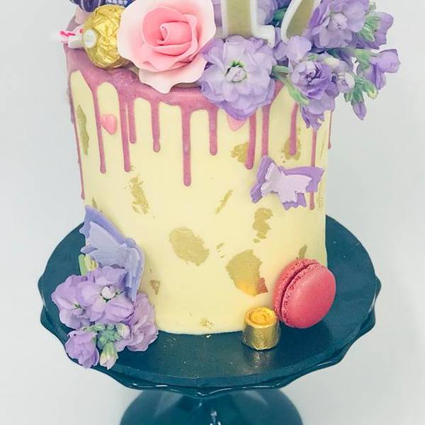 Smooth Cream with Lilac Drip, Gold Leaf and Fresh Flowers