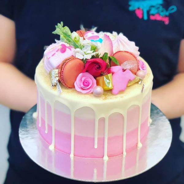 Ombre Smooth Pink Baby Shower Cake with Fresh Flowers