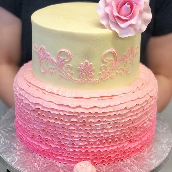 Ombre Pink Frills with Stencil and Gumpaste Rose