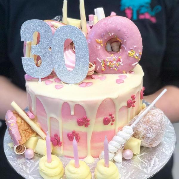 Smooth Marbled Pink Cake with Pink Drip, Donuts and Paw Prints