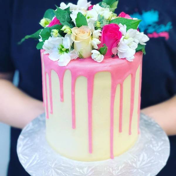 Tall Smooth Cream with Pink Drip and Fresh Flowers