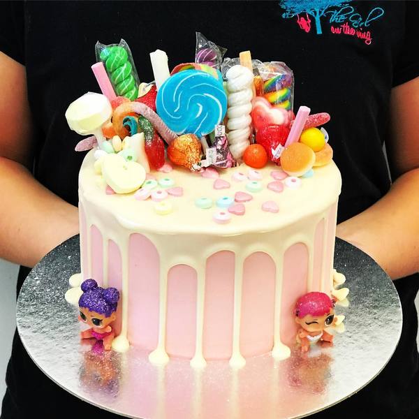 Pink and White Drip Candy LOL Doll Cake