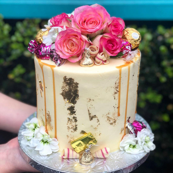 Smooth Cream with Pink Fresh Flowers and Gold Foil