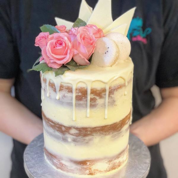 Tall Cream Naked Cake with Pink Fresh Flowers 
