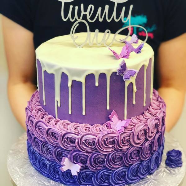 Two Tier Purple Ombre Rose Drip Cake