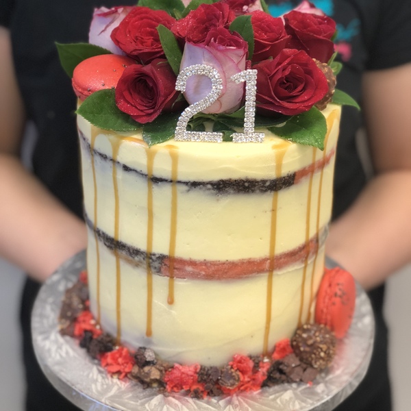 Cream Naked Cake With Fresh Flowers and Toppers
