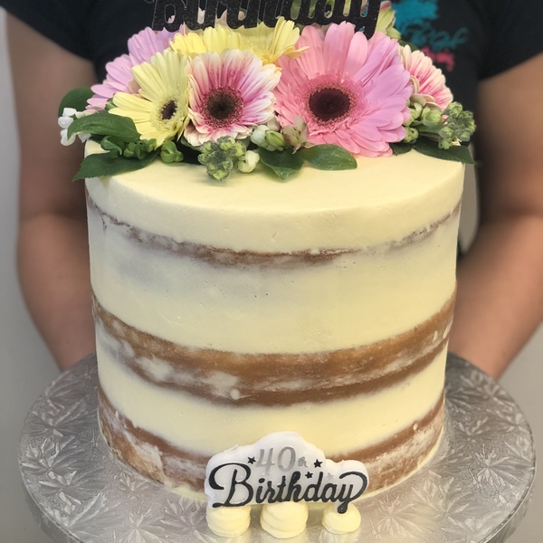 Cream Naked Cake with Pastel Fresh Flowers and Topper 