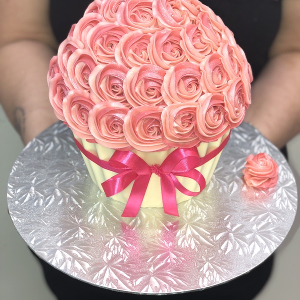 Pink Giant Cupcake with White Chocolate Case and Pink Ribbon 
