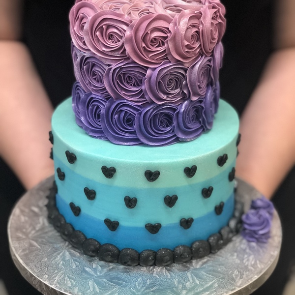 Two Tier Smooth Ombre Blue With Black Hearts and Purple Ombre Roses 