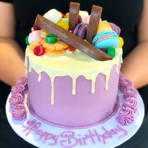 Gluten Free Smooth Pastel Purple With White Chocolate Drip and Toppers 
