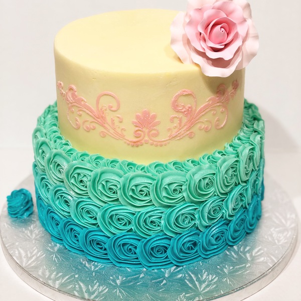 Two Tier Ombre Blue Roses and Smooth Cream With Pink Stencil and Rose 