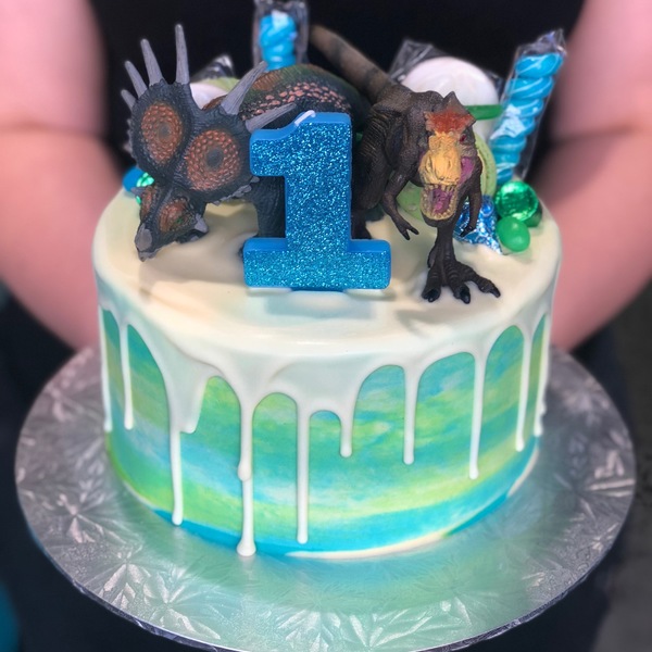 Smooth Blue, Green and Cream With Chocolate Drip with Toppers and Dinosaurs 