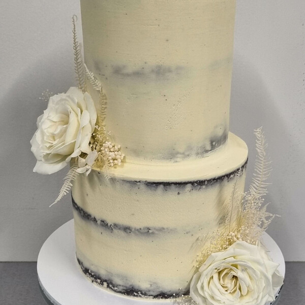 2 Tier Naked All White Wedding Cake with Flowers