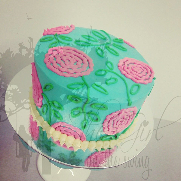 Piped Flowers on Smooth Teal Cake