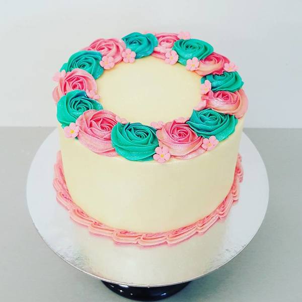 Smooth Cream with Pink and Teal Roses Cake