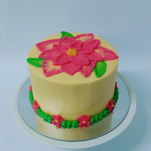 Smooth Cream Cake with Pink Etched Flowers Cake