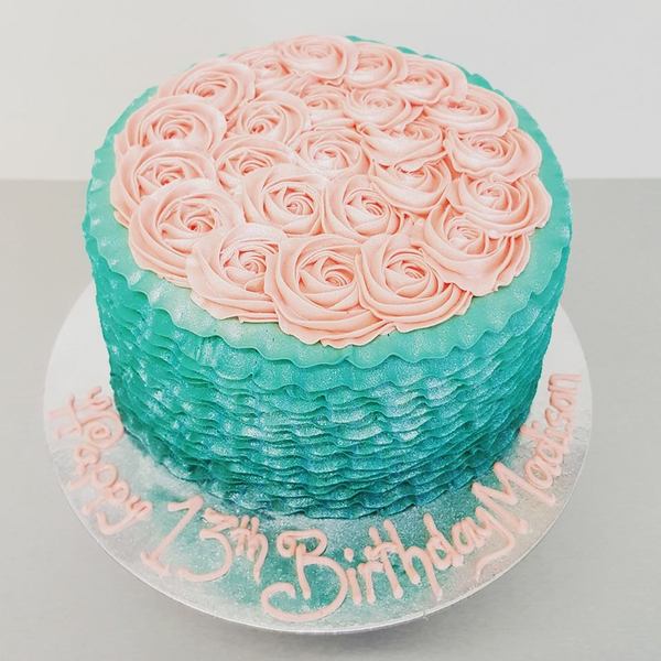 Blue Ombre Frills with Pink Roses Cake