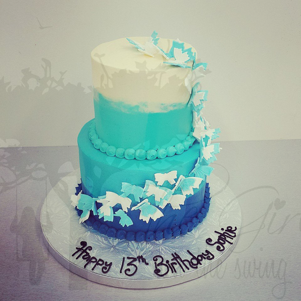 Smooth Blue Ombre Two Tier with Butterflies 