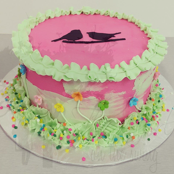 Smooth Green and Pink Marble cake with Bird Stencil 