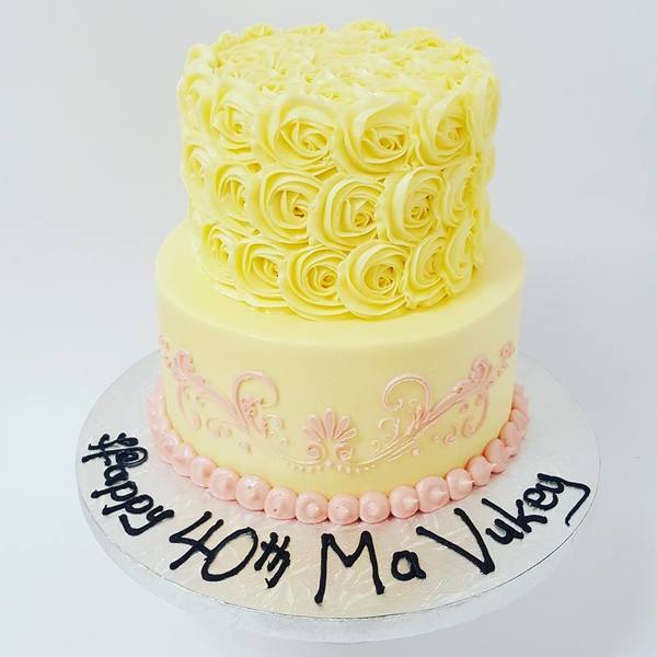 Two Tier Cream Rose and Smooth Stencil Cake