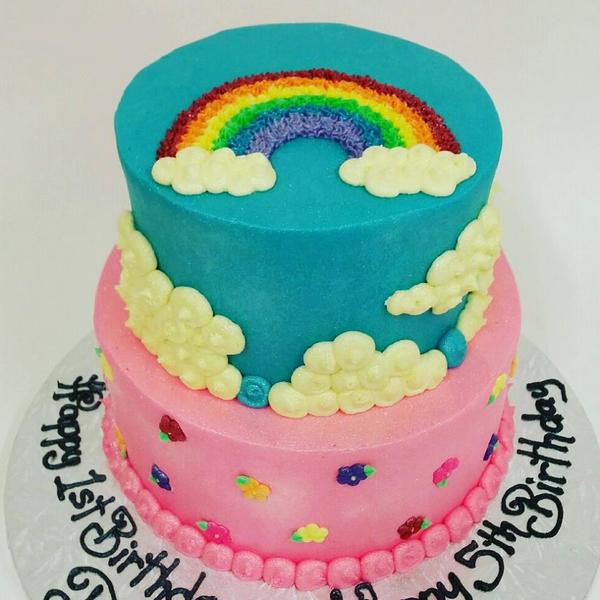 Two Tier Pink and  Blue Cake with Rainbow