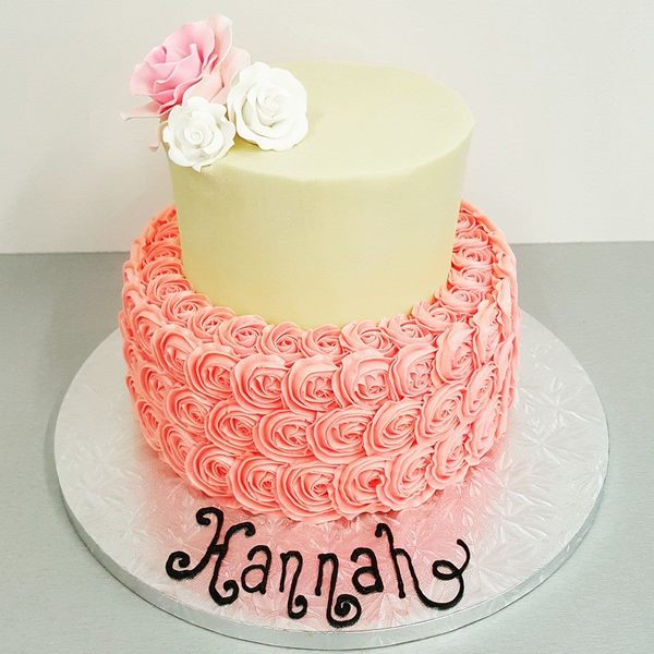 Two Tier Pink Roses with Smooth Cream Top