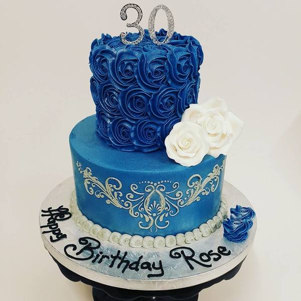 Two Tier Smooth Blue with Stencil and Roses