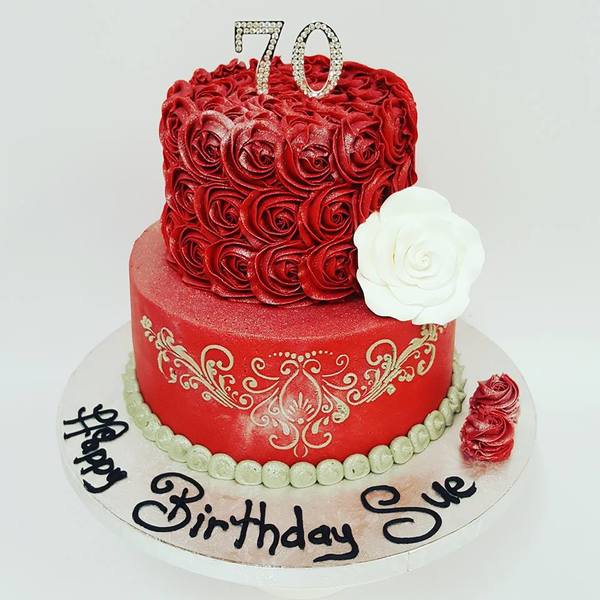 Two Tier Smooth Red with Silver Stencil and Roses