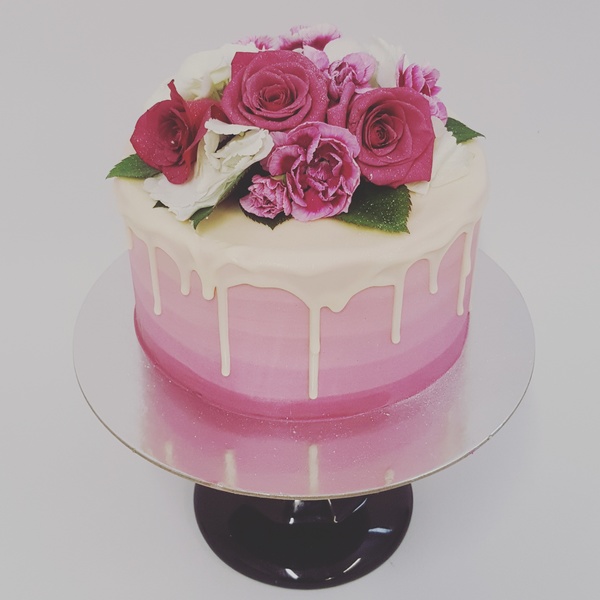 Pink Ombre with White Chocolate Drip and Fresh Flowers