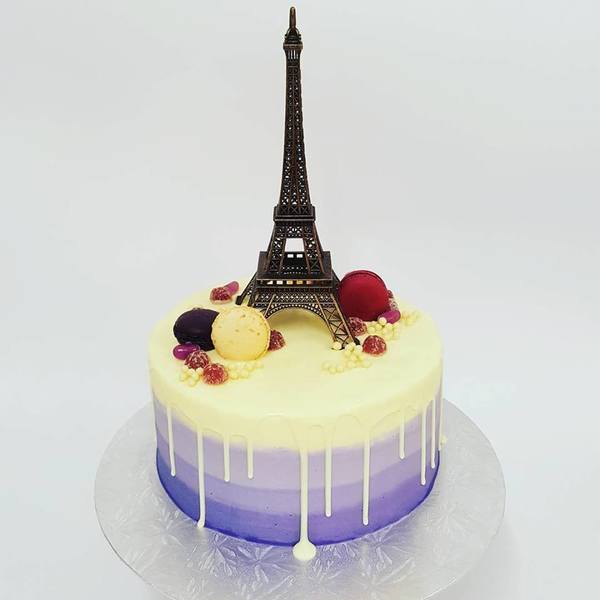 Purple Ombre Cake with White Chocolate Drip and Eiffel Tower