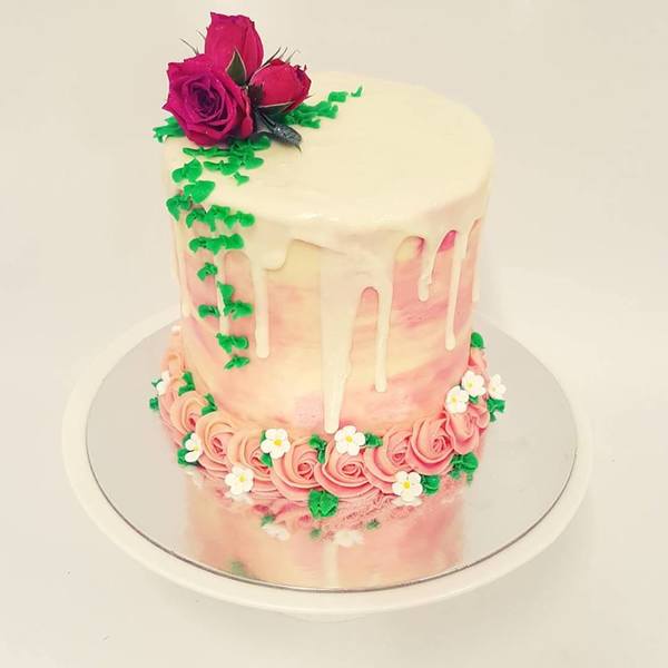 Tall Marbles Pink and Cream with White Chocolate Drip and Fresh Flowers