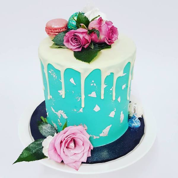 Teal and White Chocolate Drip with Silver leaf and Fresh Flowers