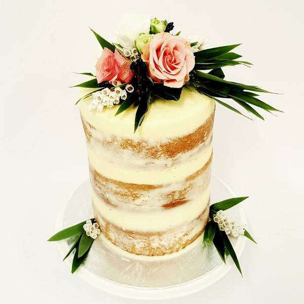 Cream naked Cake with Peach Roses and Greenery