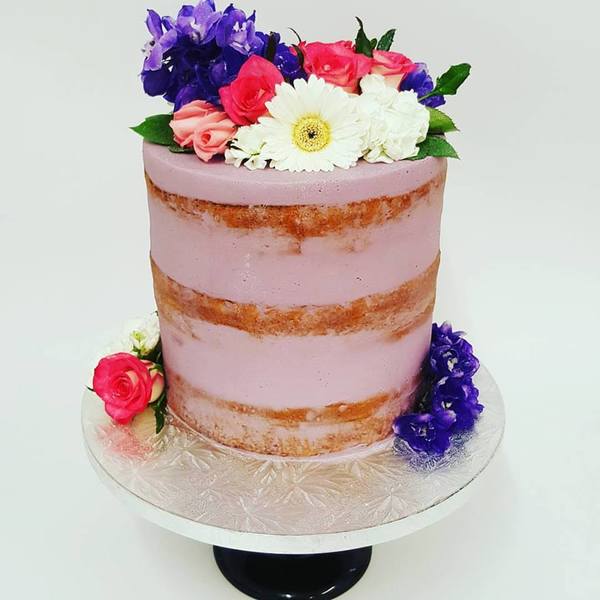 Purple Naked Cake with Fresh Flowers